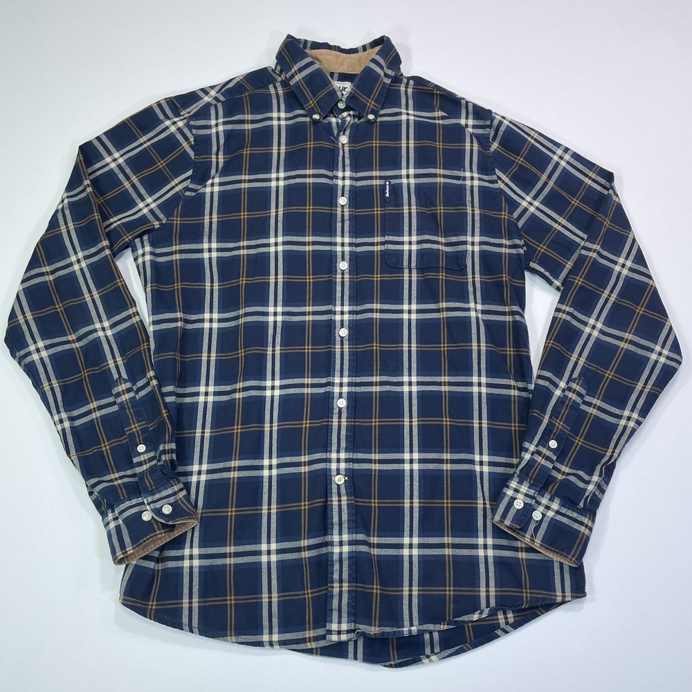 Barbour Shirt Mens SMALL Blue Tailored Plaid Long Sleeve Button Up Flip Cuff